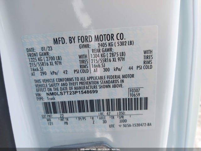 45873368 :رقم المزاد ، NM0LS7T23P1548699 vin ، 2023 Ford Transit Connect Xlt مزاد بيع