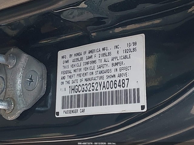 Aukcja sprzedaży 2000 Honda Accord 2.3 Ex, vin: 1HGCG3252YA006487, numer aukcji: 45873376