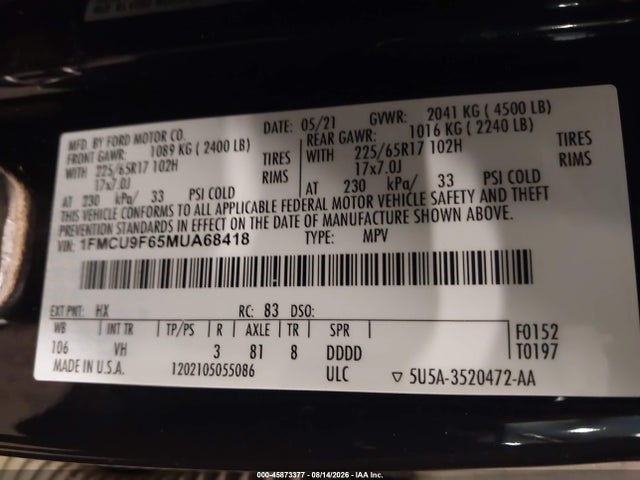 Aukcja sprzedaży 2021 Ford Escape S, vin: 1FMCU9F65MUA68418, numer aukcji: 45873377