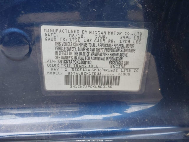 2019 Nissan Versa 1.6 Sv მანქანა იყიდება აუქციონზე, vin: 3N1CN7AP0KL800180, აუქციონის ნომერი: 45873389