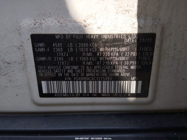45873397 :رقم المزاد ، 4S4BRBAC6C3225993 vin ، 2012 Subaru Outback 2.5i مزاد بيع