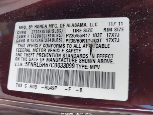 2012 Honda Odyssey Ex-l მანქანა იყიდება აუქციონზე, vin: 5FNRL5H67CB033099, აუქციონის ნომერი: 45873400