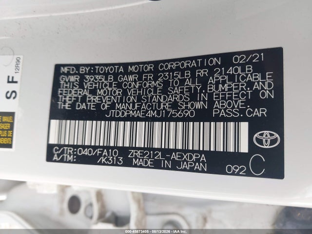 45873405 :رقم المزاد ، JTDDPMAE4MJ175690 vin ، 2021 Toyota Corolla L مزاد بيع