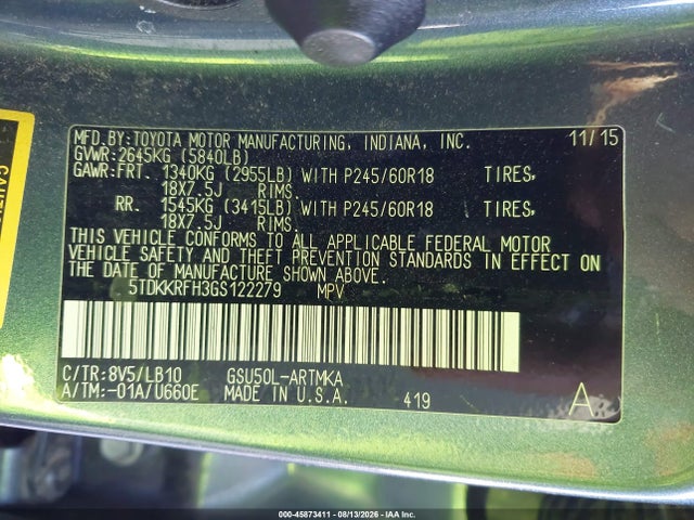 Toyota Highlander Xle V6 2016 5TDKKRFH3GS122279 Image 9