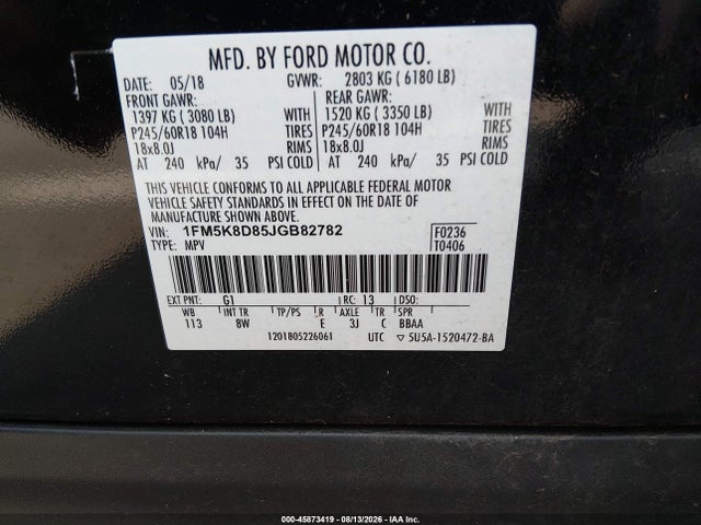45873419 :رقم المزاد ، 1FM5K8D85JGB82782 vin ، 2018 Ford Explorer Xlt مزاد بيع
