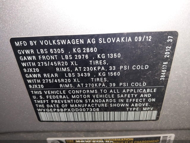 2013 Volkswagen Touareg Tdi Executive მანქანა იყიდება აუქციონზე, vin: WVGEP9BPXDD007306, აუქციონის ნომერი: 45873420