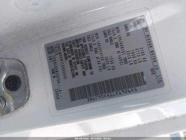 3N6CM0KN1LK692645 Nissan Nv200 Cargo Sv Xtronic Cvt