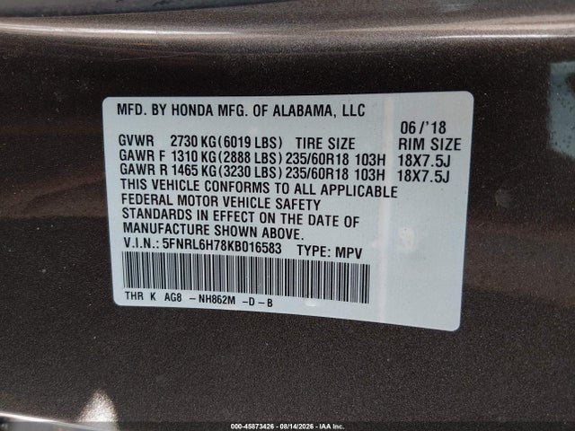Honda Odyssey Ex-l 2019 5FNRL6H78KB016583 Image 9