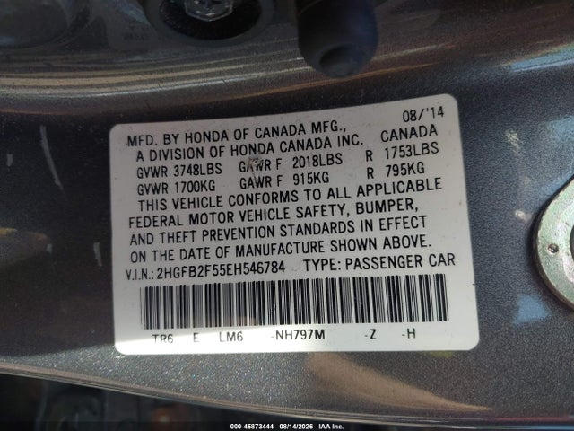 Honda Civic Lx 2014 2HGFB2F55EH546784 Image 9