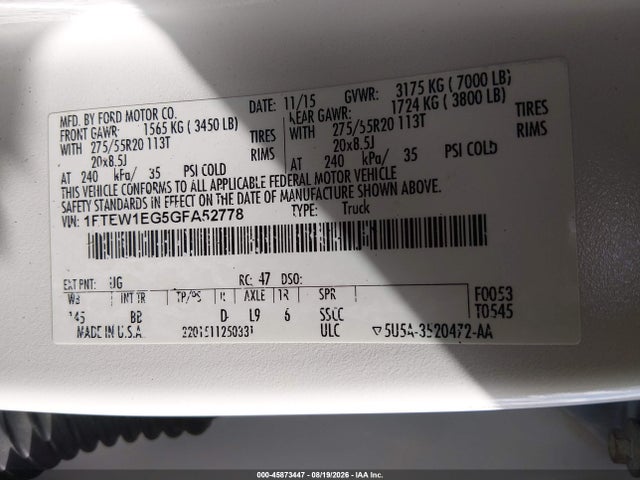 2016 Ford F-150 Platinum მანქანა იყიდება აუქციონზე, vin: 1FTEW1EG5GFA52778, აუქციონის ნომერი: 45873447