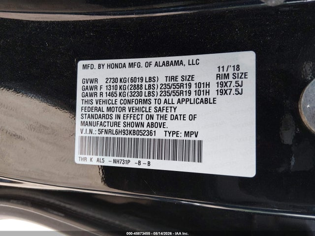 5FNRL6H93KB052361 Honda Odyssey Elite