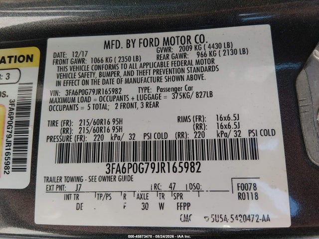 Aukcja sprzedaży 2018 Ford Fusion S, vin: 3FA6P0G79JR165982, numer aukcji: 45873470