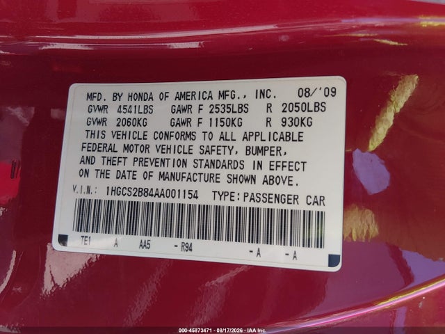 2010 Honda Accord 3.5 Ex-l მანქანა იყიდება აუქციონზე, vin: 1HGCS2B84AA001154, აუქციონის ნომერი: 45873471