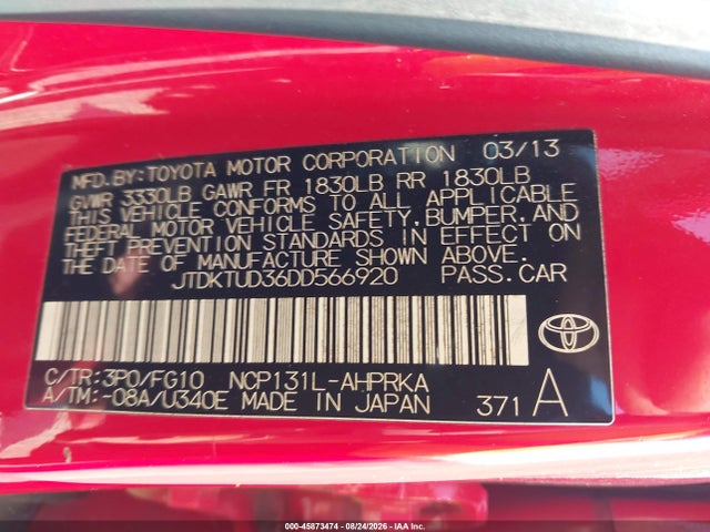 Продажа на аукционе авто 2013 Toyota Yaris Le, vin: JTDKTUD36DD566920, номер лота: 45873474