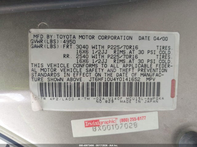 45873486 :رقم المزاد ، JT6HF10U4Y0141652 vin ، 2000 Lexus Rx 300 مزاد بيع