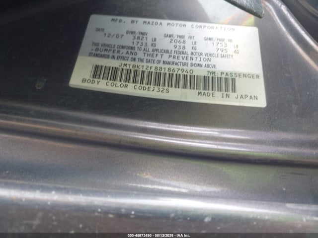 45873490 :رقم المزاد ، JM1BK12F881867940 vin ، 2008 Mazda Mazda3 I مزاد بيع
