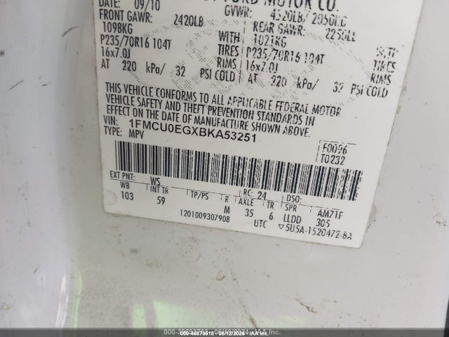 45873518 :رقم المزاد ، 1FMCU0EGXBKA53251 vin ، 2011 Ford Escape Limited مزاد بيع