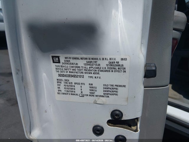 Продажа на аукционе авто 2004 Buick Rendezvous Cx, vin: 3G5DA03E84S521012, номер лота: 45873521