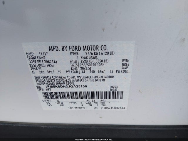 45873528 :رقم المزاد ، 1FM5K8DH3JGA25106 vin ، 2018 Ford Explorer Xlt مزاد بيع