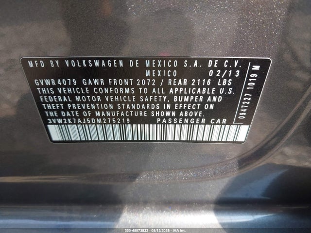 Aukcja sprzedaży 2013 Volkswagen Jetta 2.0l S, vin: 3VW2K7AJ5DM275219, numer aukcji: 45873532