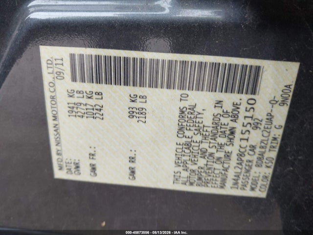 Продаж на аукціоні авто 2012 Nissan Altima 2.5 S, vin: 1N4AL2AP8CC155150, номер лоту: 45873556