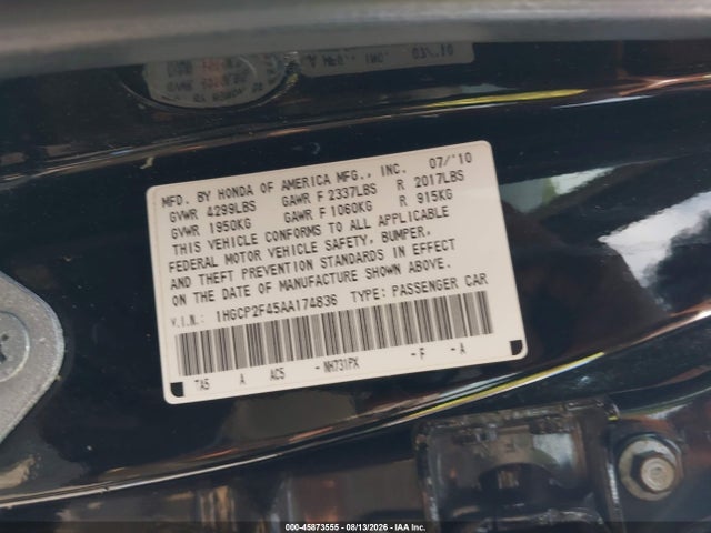 45873555 :رقم المزاد ، 1HGCP2F45AA174836 vin ، 2010 Honda Accord 2.4 Lx-p مزاد بيع