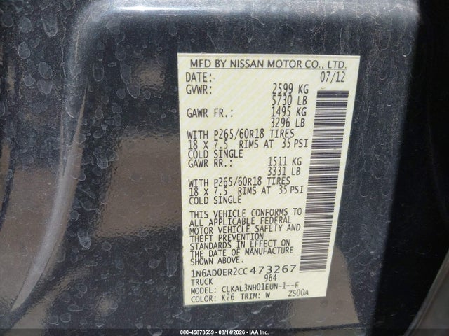 2012 Nissan Frontier Sl მანქანა იყიდება აუქციონზე, vin: 1N6AD0ER2CC473267, აუქციონის ნომერი: 45873559