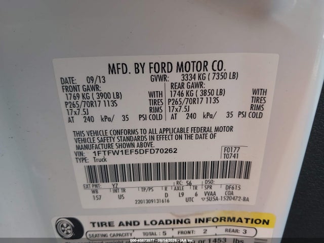 45873577 :رقم المزاد ، 1FTFW1EF5DFD70262 vin ، 2013 Ford F-150 Xlt مزاد بيع