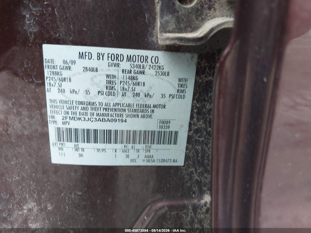 45873594 :رقم المزاد ، 2FMDK3JC3ABA09194 vin ، 2010 Ford Edge Sel مزاد بيع