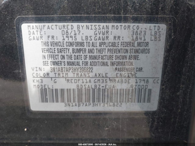 Продаж на аукціоні авто 2017 Nissan Sentra S, vin: 3N1AB7AP3HY396822, номер лоту: 45873595