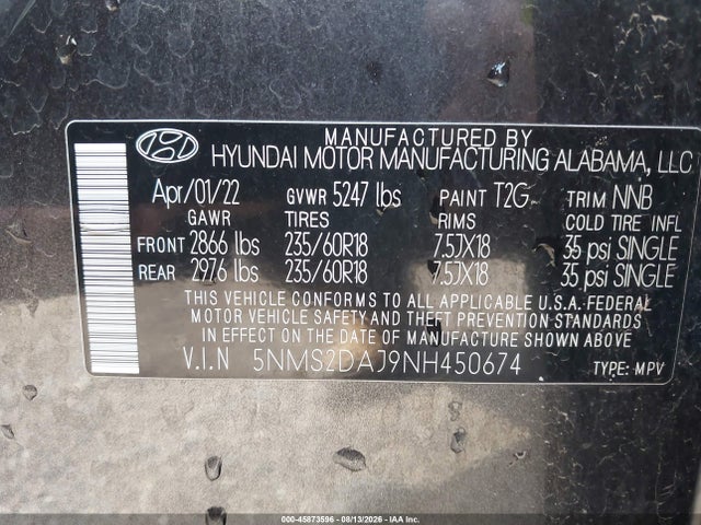 Продажа на аукционе авто 2022 Hyundai Santa Fe Sel, vin: 5NMS2DAJ9NH450674, номер лота: 45873596