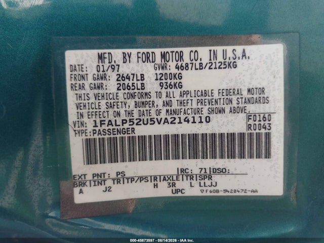 45873597 :رقم المزاد ، 1FALP52U5VA214110 vin ، 1997 Ford Taurus Gl مزاد بيع