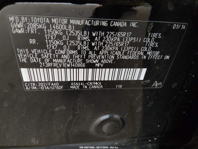 2014 Toyota Rav4 Xle მანქანა იყიდება აუქციონზე, vin: 2T3RFREV1EW140866, აუქციონის ნომერი: 45873599