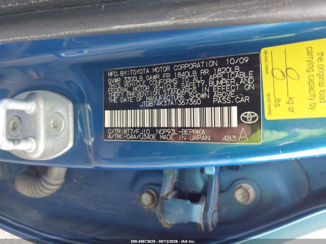 2010 Toyota Yaris მანქანა იყიდება აუქციონზე, vin: JTDBT4K37A1367360, აუქციონის ნომერი: 45873620