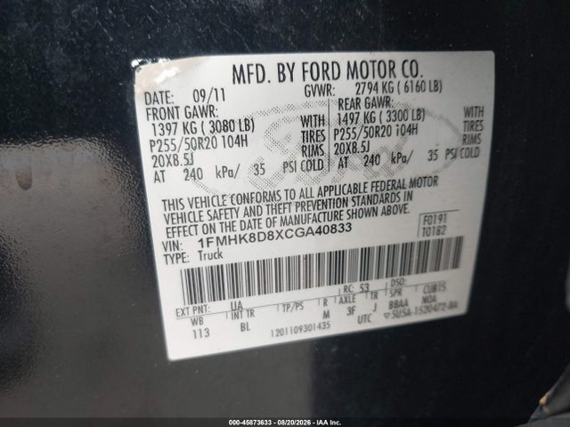 Продаж на аукціоні авто 2012 Ford Explorer Xlt, vin: 1FMHK8D8XCGA40833, номер лоту: 45873633