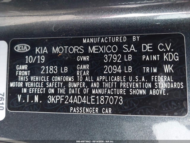 Aukcja sprzedaży 2020 Kia Forte Lxs, vin: 3KPF24AD4LE187073, numer aukcji: 45873642