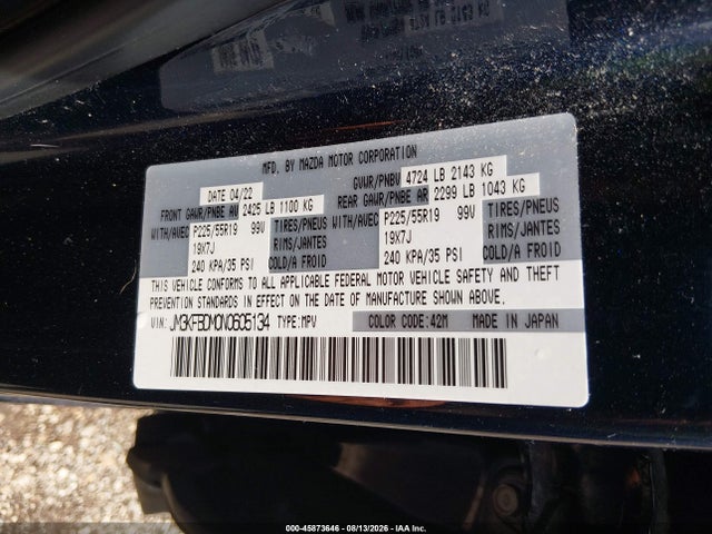 45873646 :رقم المزاد ، JM3KFBDM0N0605134 vin ، 2022 Mazda Cx-5 2.5 S Premium مزاد بيع