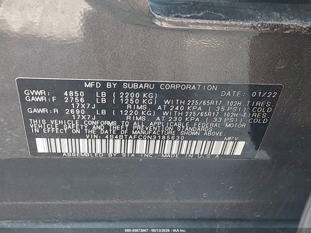 Продаж на аукціоні авто 2022 Subaru Outback Premium, vin: 4S4BTAFC0N3185630, номер лоту: 45873667