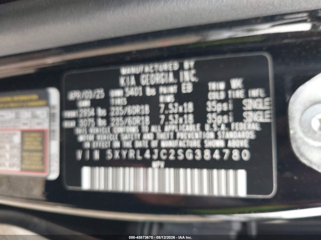 2025 Kia Sorento S მანქანა იყიდება აუქციონზე, vin: 5XYRL4JC2SG384780, აუქციონის ნომერი: 45873670