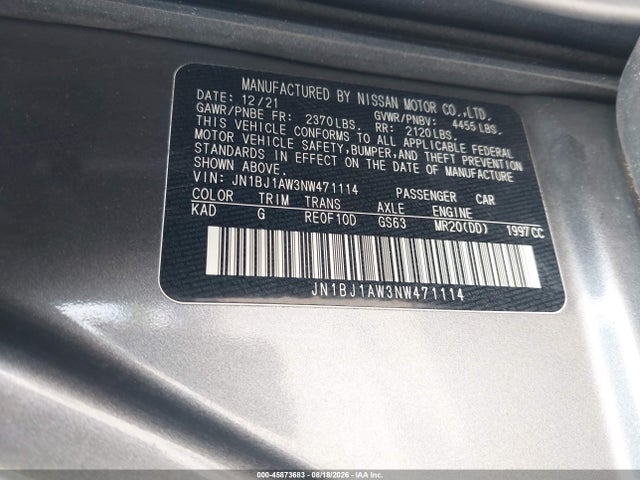 Aukcja sprzedaży 2022 Nissan Rogue Sport S Awd Xtronic Cvt, vin: JN1BJ1AW3NW471114, numer aukcji: 45873683