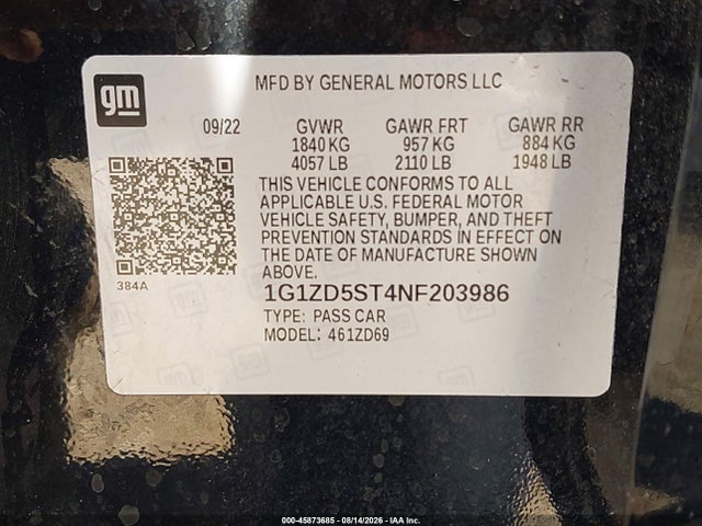 1G1ZD5ST4NF203986 Chevrolet Malibu Fwd Lt