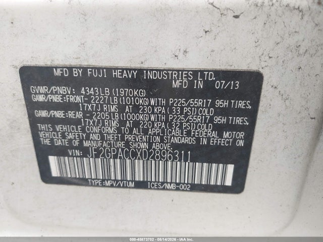 45873702 :رقم المزاد ، JF2GPACCXD2896311 vin ، 2013 Subaru Xv Crosstrek 2.0i Premium مزاد بيع