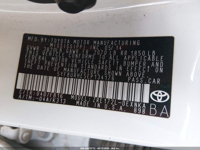 5YFBURHE5EP134176 Toyota COROLLA LE