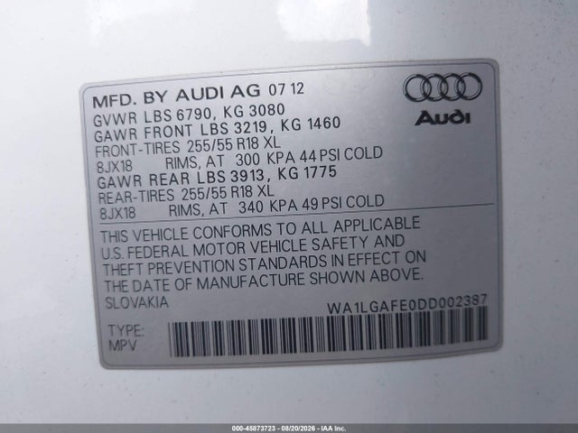 Aukcja sprzedaży 2013 Audi Q7 3.0t Premium, vin: WA1LGAFE0DD002387, numer aukcji: 45873723