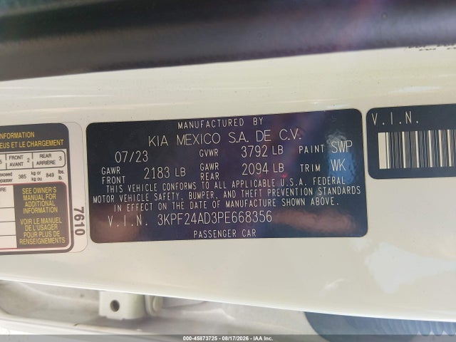 2023 Kia Forte Lx/lxs მანქანა იყიდება აუქციონზე, vin: 3KPF24AD3PE668356, აუქციონის ნომერი: 45873725