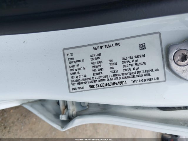 Tesla Model 3 Standard Range Plus Rear-wheel Drive 2021 5YJ3E1EA3MF848614 Image 9