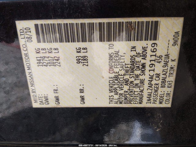 45873731 :رقم المزاد ، 1N4AL2AP4AC191169 vin ، 2010 Nissan Altima 2.5 مزاد بيع