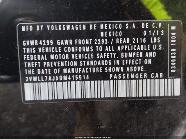 2013 Volkswagen Jetta 2.0l Tdi მანქანა იყიდება აუქციონზე, vin: 3VWLL7AJ5DM415514, აუქციონის ნომერი: 45873739