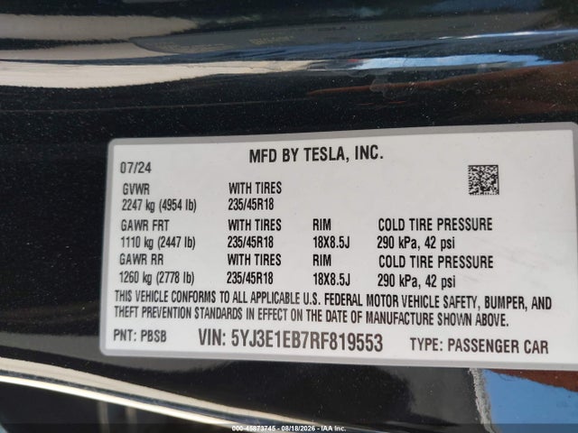 45873745 :رقم المزاد ، 5YJ3E1EB7RF819553 vin ، 2024 Tesla Model 3 Long Range Dual Motor All-wheel Drive مزاد بيع