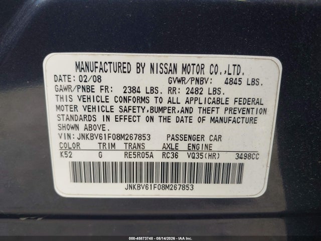 45873748 :رقم المزاد ، JNKBV61F08M267853 vin ، 2008 Infiniti G35x مزاد بيع